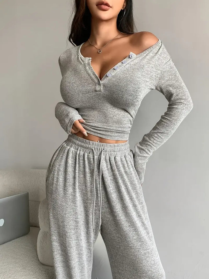 Two Piece Set with Long Sleeve Top and Wide Leg Pants for Women