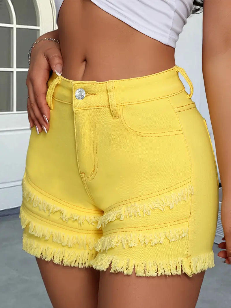 Fringed Yellow Denim Shorts for Women