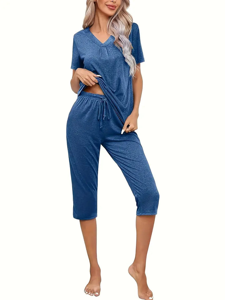 V Neck Top and Capri Pants Set for Women