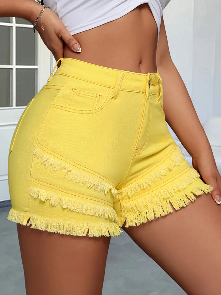 Fringed Yellow Denim Shorts for Women