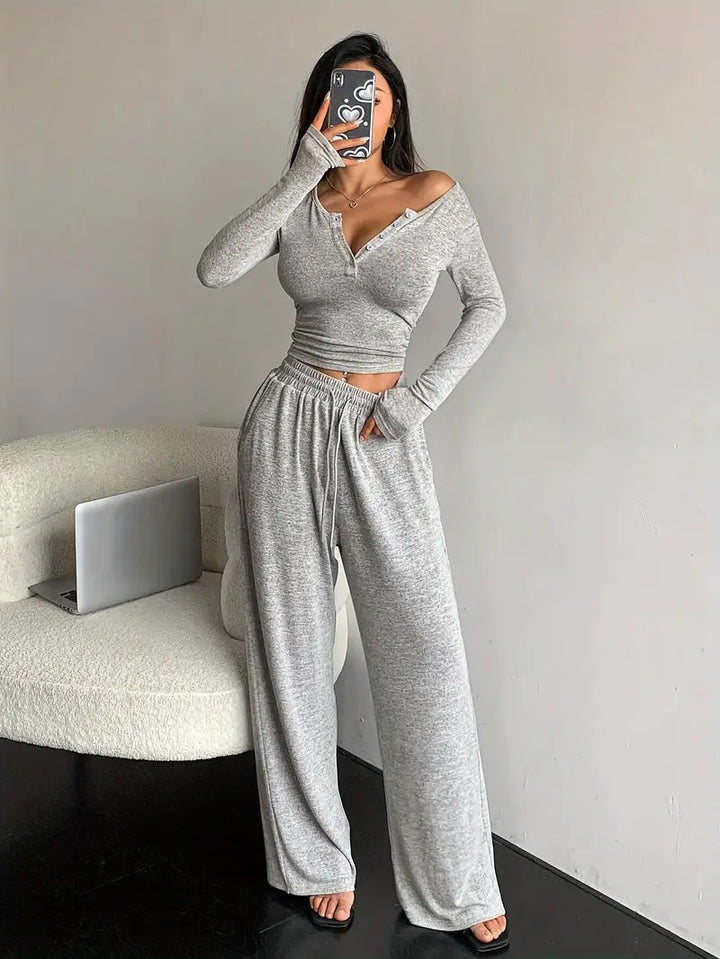 Two Piece Set with Long Sleeve Top and Wide Leg Pants for Women