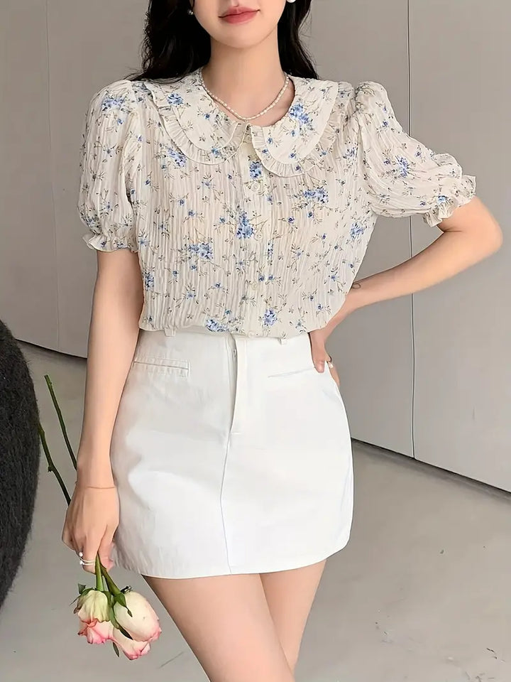 Floral Puff Sleeve Micro Ruffle Blouse for Women