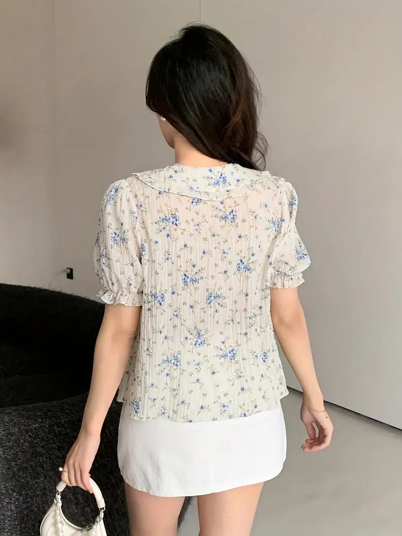 Floral Puff Sleeve Micro Ruffle Blouse for Women