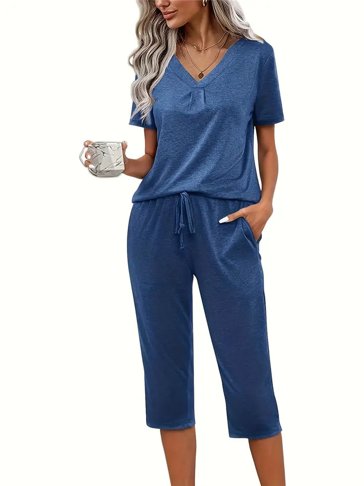 V Neck Top and Capri Pants Set for Women