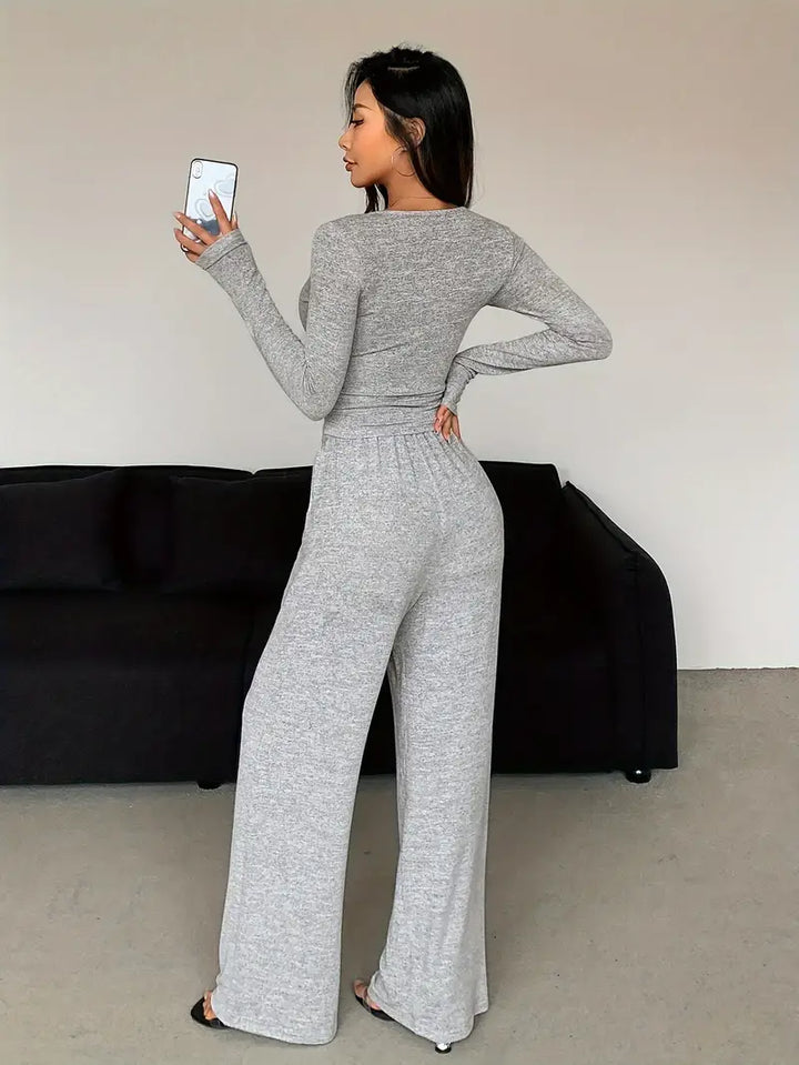 Two Piece Set with Long Sleeve Top and Wide Leg Pants for Women