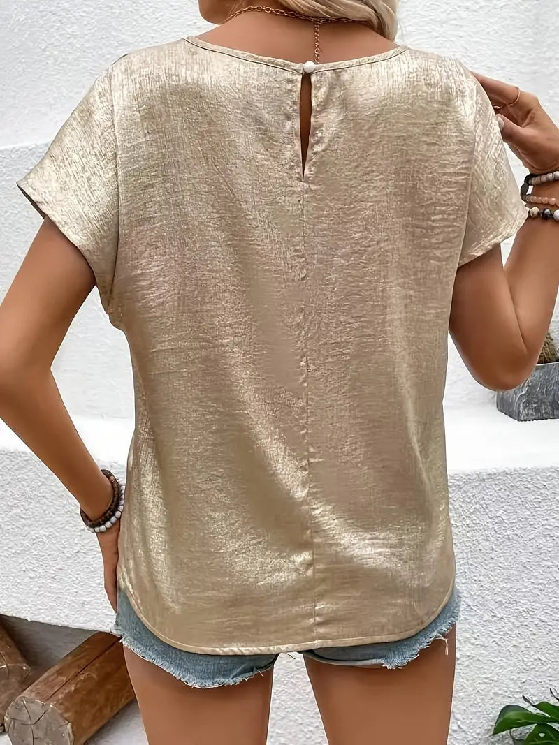 Shiny Metallic Blouse with Short Sleeves for Women