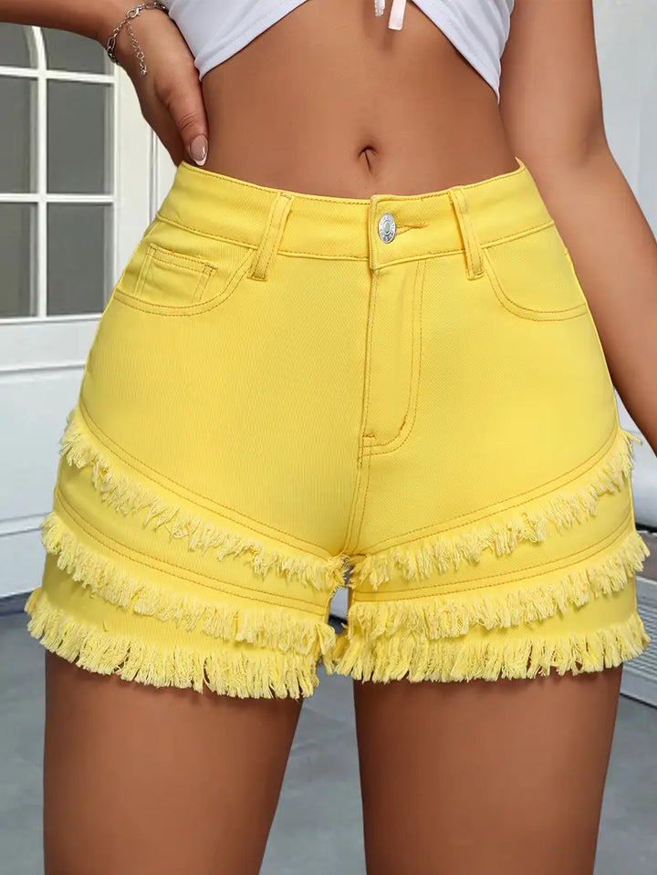 Fringed Yellow Denim Shorts for Women