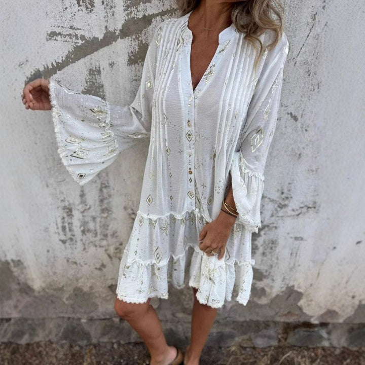 White Boho Mini Dress With Ruffle Hem for Women