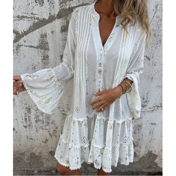 White Boho Mini Dress With Ruffle Hem for Women