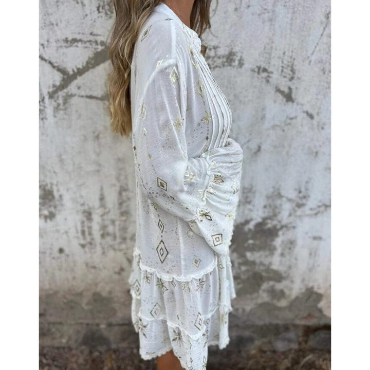 White Boho Mini Dress With Ruffle Hem for Women